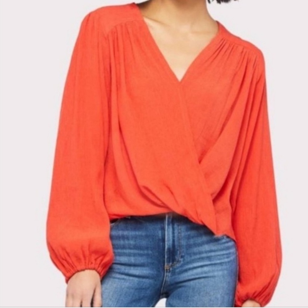 Free People Faux-wrap Long Sleeve Top Flame Orange Hi Low Blouse Size S